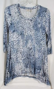 LOGO Lori Goldstein Camisa Túnica Top Tejido Manga 3/4 Alto Bajo Animal Bolsillos Azul S - Imagen 1 de 7