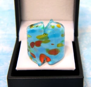  Anillo de vidrio soplado a mano único Art Deco suave azul colorido pintura salpicadura tamaño 7,5 - Imagen 1 de 3