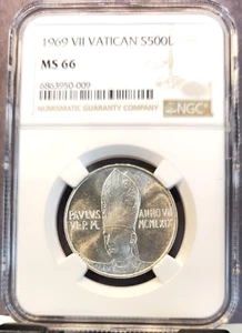 1969 VATICAN SILVER 500 LIRE PAUL VI ANGEL NGC MS 66 GEM BU RARE HIGH GRADE - Picture 1 of 3