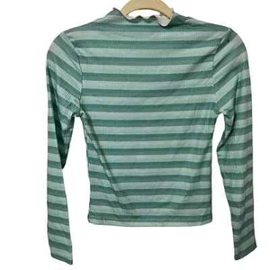 CALI BE Womens Top Size Small Striped Mock Neck Long Sleeve Ribbed Green Blue - Picture 1 of 10