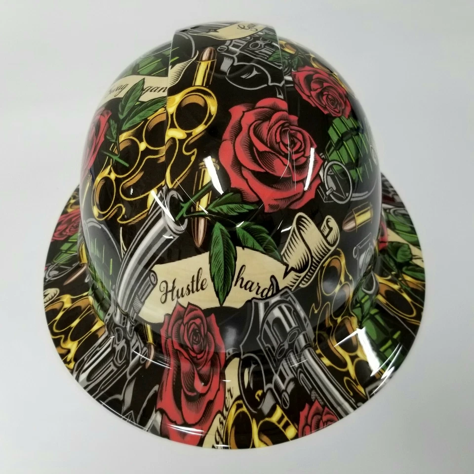 PYRAMEX FULL BRIM Hard Hat custom hydro dipped HUSTLE HARD KNUCKLES ROSES NEW SUPERSICK