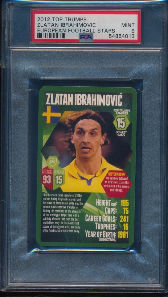 2012 TOP TRUMPS ZLATAN IBRAHIMOVIC EUROPEAN FOOTBALL STARS PSA 9 POP 1 NO 10'S - Image 1 of 1