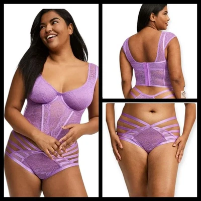 3X 22W 24W Torrid Purple Lace Underwire Bustier Panty Set Strappy Tanga Lingerie - Image 1 of 4