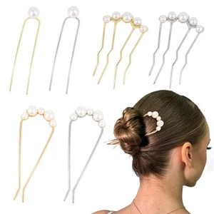 Pearl French Hair Pin Metal Gold Silver Hair Pins for Women Buns U Shaped Hai... - Picture 1 of 7
