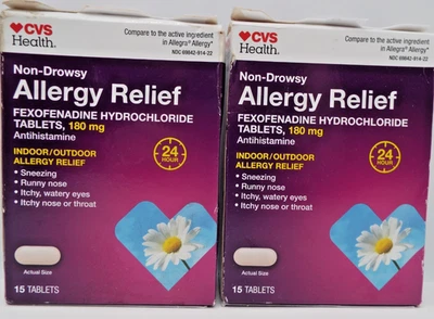 2 CVS ALIVIO ALERGIAS 15 COMPRIMIDOS FEXOFENADINA 180 MG SIN SOMNOLENCIA - NUEVO Exp 8/26 Foto 1 de 4