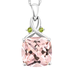 925 Sterling Silver 4.36 Carat Cushion Peach Morganite and Peridot Women Pendant - Picture 1 of 4