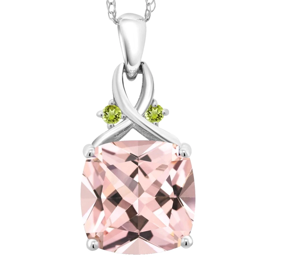 925 Sterling Silver 4.36 Carat Cushion Peach Morganite and Peridot Women Pendant - Image 1 of 4
