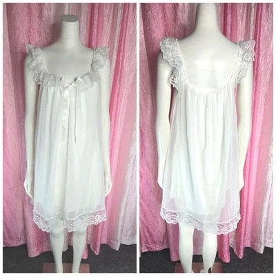 White Bow Lace Slip Sheer Lined Cotton Nightgown Size Medium  - Image 1 of 4