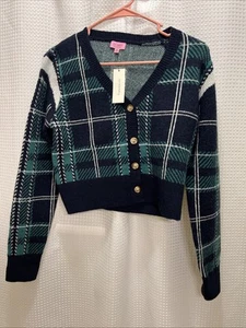 MI AMI FRANCESCAS Blue Green Plaid Cropped Cardigan Sweater SOFT Womens XS - Picture 1 of 6
