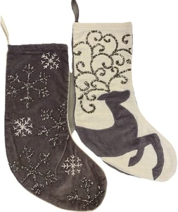 2 Elegant Mud Pie Home Gray White Christmas Stockings Beading Embroidery 21” - Picture 1 of 6