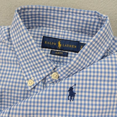 Camisa de vestir Ralph Lauren para hombre pequeña azul blanca guinga calce ajustado con botones Foto 1 de 4