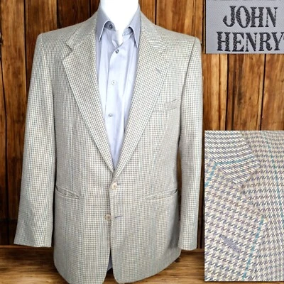 John Henry Sport Coat Jacket Mens 40L Beige Houndstooth Silk Wool Polyester - Image 1 of 4