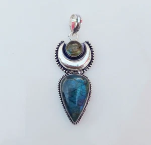 Labradorit Edelstein Anhänger .925 Sterling Silber Halbmond Handarbeit Pendant - Bild 1 von 6