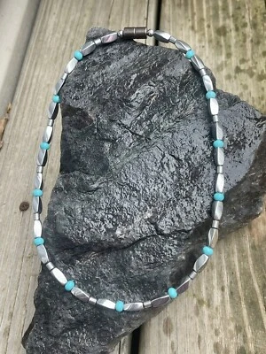 100% Silver Magnetic Hematite Turquoise Bracelet Anklet Necklace 1 Row Powerful - Image 1 of 4