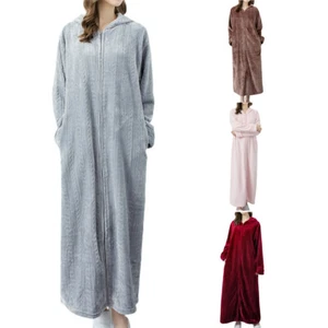 Women's Long Sleeve Robe Hooded Fleece Bathrobe Zipper Soft Plush Long Housecoat - Picture 1 of 17