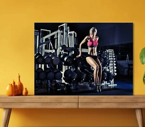 Girl & Dumbell Row in Gym 5mm thick Plastic Poster Ready to Hang 60x45cm - Picture 1 of 3