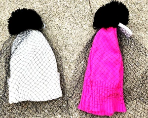 Pink Or White Beanie Cap with Black Net Veil One Size - Picture 1 of 2