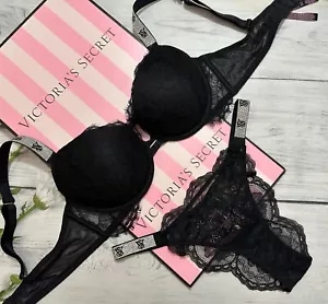 Victoria's Secret VS Shine Strap Push-Up Bra Brazilian Set Black Lace - Picture 1 of 6