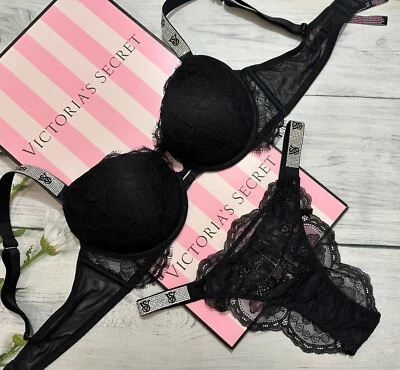Victoria's Secret VS Shine Strap Push-Up Bra Brazilian Set Black Lace - image 1 of 4