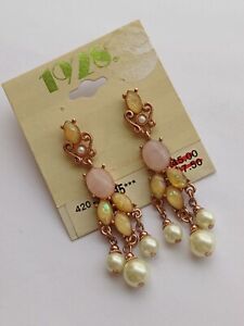  1928 Statement Vintage Inspired Gold, Rose Quartz And Pearl Chandelier Earrings