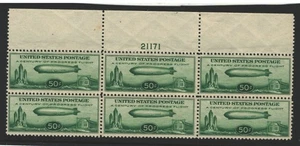 U.S. (Scott C18) Airmail, 50¢ Zeppelin, Top Plate Block of 6, Mint-OG-NH - Picture 1 of 2