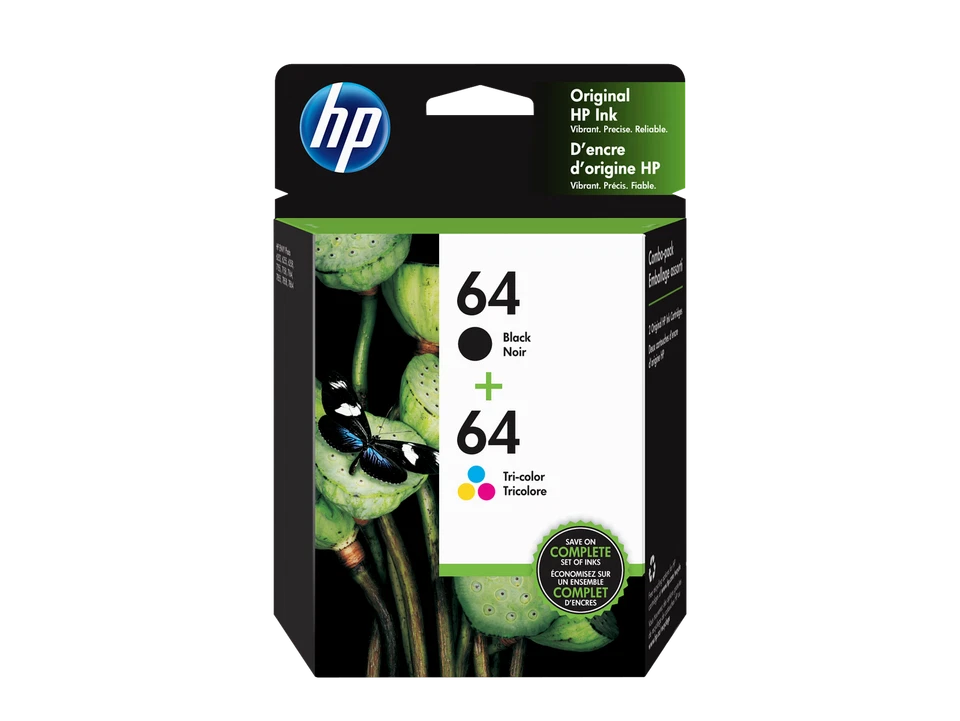 HP 64 2-pack Black/Tri-color Original Ink Cartridges, X4D92AN#140 - Image 1 of 4