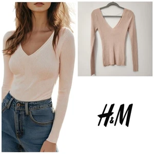 Kuscheliger H&M Dusty Pink Rippstrick Pullover minimalistisch V-Ausschnitt weich & dehnbar Small - Bild 1 von 11
