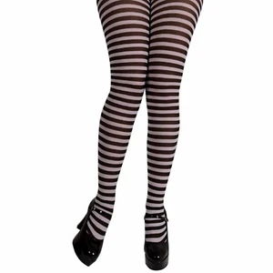 Ladies Black And White Striped Fancy Dress Convict Halloween Costume Tights - Picture 1 of 1