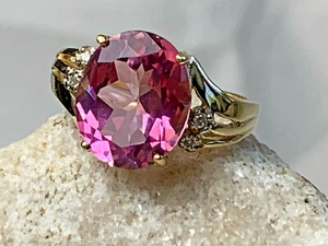 10k Yellow Gold Pink Stone Diamond Accent Ring Sz 6.75 Jewelry 3.97g Round Prong - Picture 1 of 12