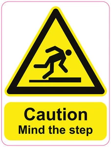 CAUTION  MIND THE STEP health and safety vinyl sticker 150x200mm 300x100mm - Picture 1 of 1