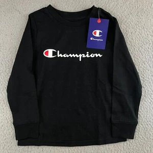 NWT Champion Shirt Kids 4 Black Long Sleeve Crew Neck Tee Logo Graphic Pullover - Picture 1 of 18