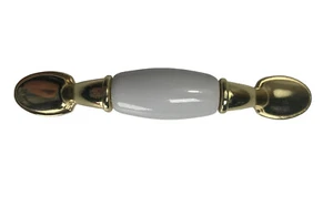 Vintage Brass Gold Tone White Porcelain Ceramic Drawer Handle Pull x8 Taiwan - Picture 1 of 5
