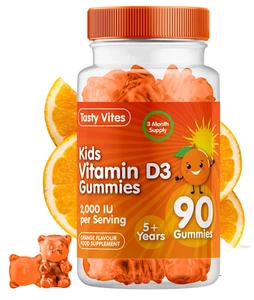 90 Vitamin D Kids Gummies 2000 IU, Immune Support Orange Chewable Vegan D3 - Picture 1 of 9