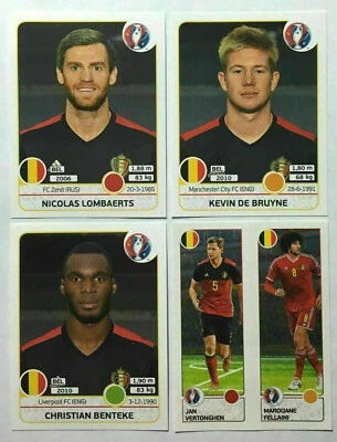 4 EURO 2016 PANINI SOCCER STICKERS BELGIUM #470, #476 DE BRUYNE, #482 #488a 488b - Image 1 of 2