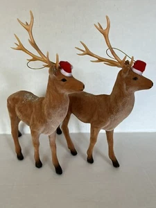 2 Sombrero de Papá Noel Vintage Navidad Flocado Ciervo Marrón Reno 10" Alto Buck Standing - Imagen 1 de 10