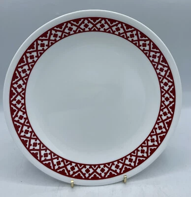 CORELLE Corning Venetian Evening 8 1/2" Luncheon Plate Red Geometric Band White Made USA