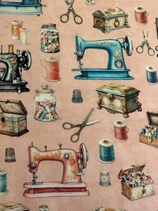 IN STITCHES VINTAGE SEWING MACHINES ON SALMON BY QT COTTON FABRIC HALF YARD - Picture 1 of 7