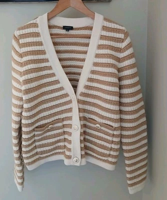 Talbots Kate Cardigan Sweater Size Large Gold Cream Stripe Wool Chunky Knit  - Image 1 of 4
