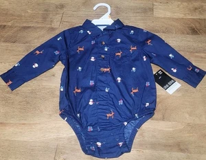 Okie Dokie 12 Month Holiday Themed Long Sleeve Collared One Piece Bodysuit - Picture 1 of 6