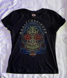 Camiseta Harley Davidson Mujer Negra Día de Muertos Manga Gorra Talla Mediana - Imagen 1 de 7