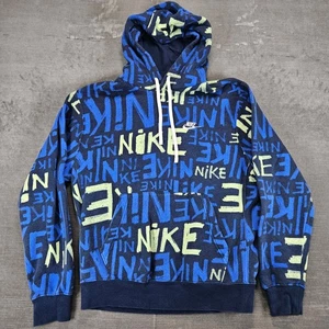 Nike Y2K Hooded Sweatshirt Mens Small Blue Nike All Over Print Hoodie Pullover - Picture 1 of 8