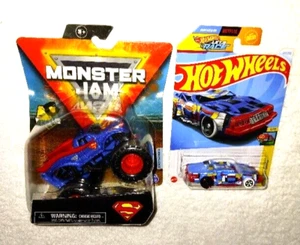 MONSTER JAM SUPERMAN with WHEELIE BAR & POSTER & HW CRUSHED CAR 1/64 TRUCK & CAR - Picture 1 of 3