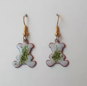 Enamel on Copper DANGLE EARRINGS -TEDDY BEAR SHAPE- TAN/OLIVE GREEN COLORS - Picture 1 of 2