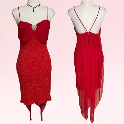 vintage 90s y2k red lace chiffon rhinestone heart vamp asymmetric party dress XS - Image 1 of 4