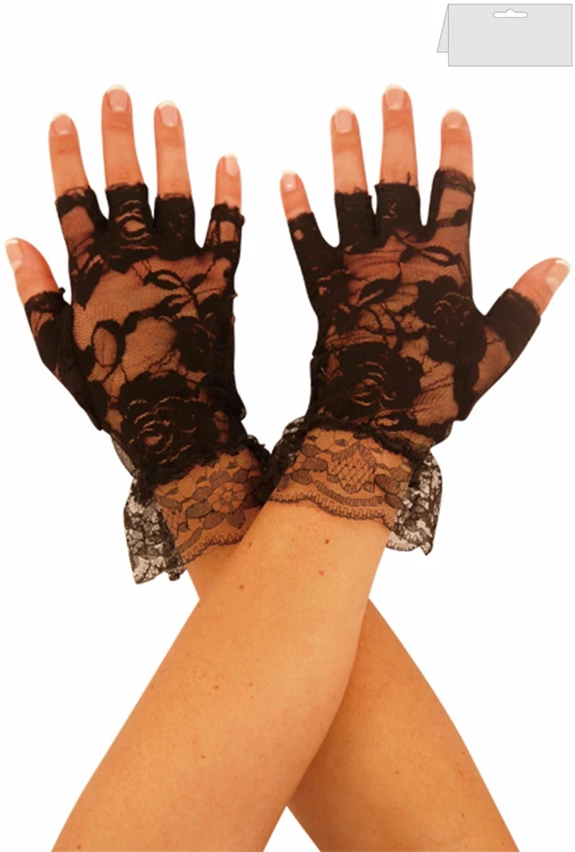 Black Short Lace Fingerless Gloves 80s Goth Ladies Halloween Fancy Dress Madonna - Image 1 of 1