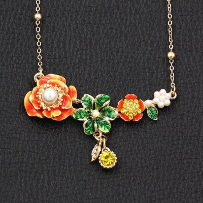 Мода женщин многоцветная эмаль кристалл жемчуг цветок лист подвеска ожерелье - Изображение 1 из 4