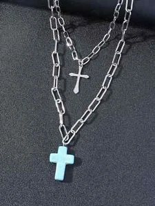 Collana uomo effetto strati alla moda turchese Pendente croce catenina argento - Foto 1 di 3