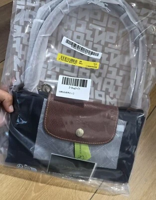 Large Navy Blue Longcham Le Plage Tote Bag Nylon 1899 with Horse Embroidery