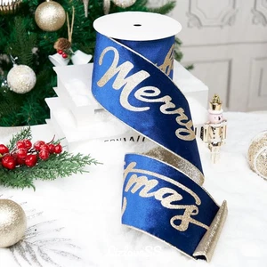 Weihnachten Samt Drahtband 4" Blau & Gold Frohe Weihnachten 10 Yds - Bild 1 von 7