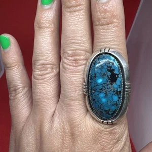 Vintage Navajo Sterling Silver B Touchine Deep Turquoise Oval Ring - Picture 1 of 10